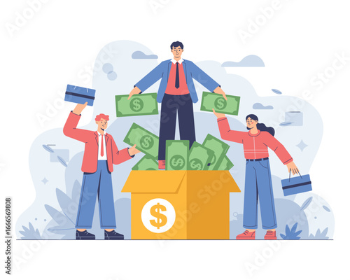 Wealth Redistribution Illustration: A group of figures is enthusiastically distributing a financial box overflowing with monetary notes in a flat illustration.