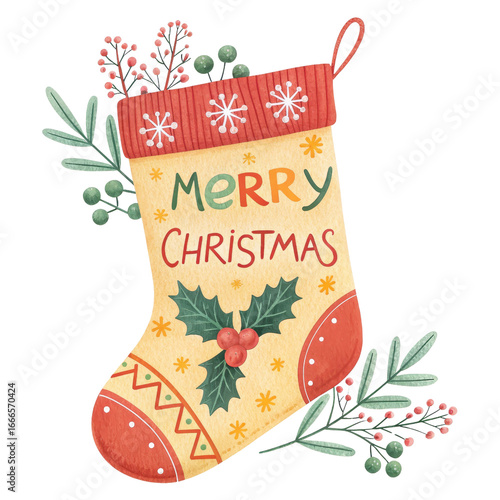 Christmas Stocking Watercolor Illustration Merry Christmas Design, Isolated on Transparent Background, Christmas, Holiday, Decoration