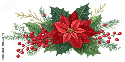 Christmas Poinsettia Floral Arrangement Holly, Berries, Pine, Isolated on Transparent Background, Christmas, Poinsettia, Holiday