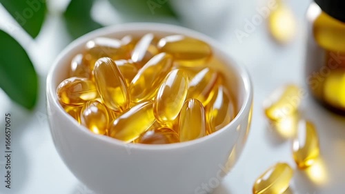Golden omega-3 fish oil capsules in a bowl with green leaves