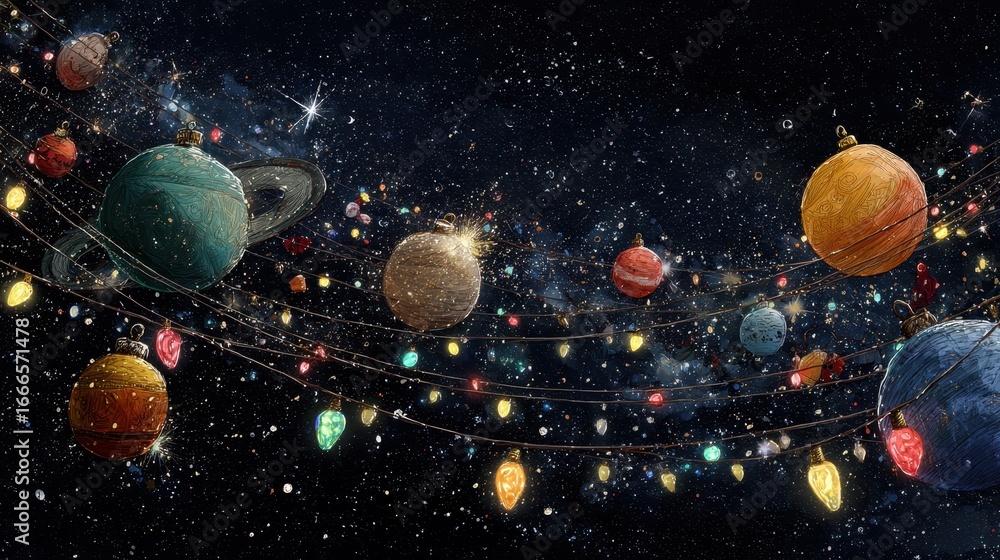 Fototapeta premium Ornate universe themed Christmas display with planetary ornaments and starry backdrop
