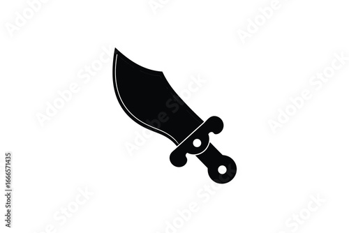 A black silhouette of a curved dagger with a handle and two round pommels