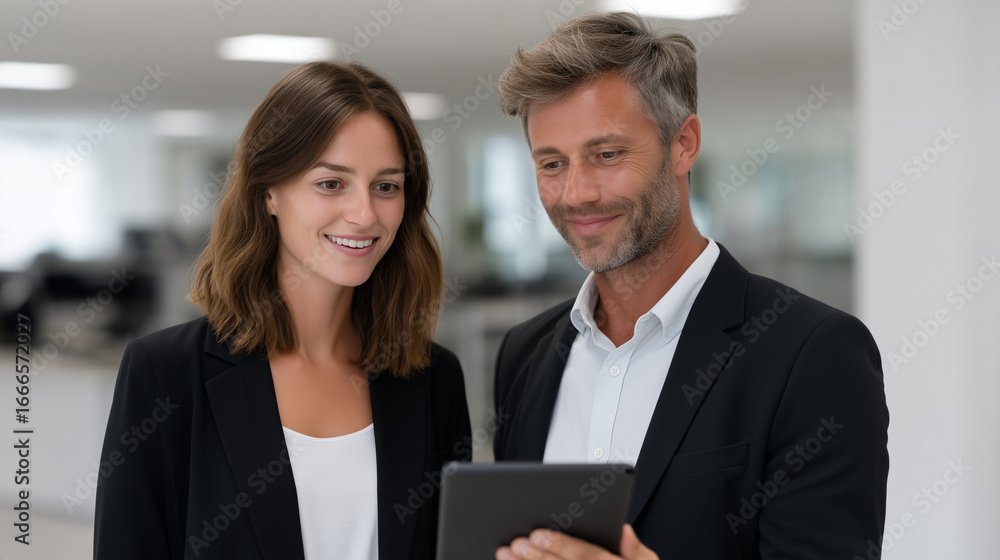 A happy businesswoman using a digital tablet with a colleague, business collaboration, digital productivity, team work, office technology, professional interaction A happy businesswoman using a digital tablet with a colleague, business collaboration, digital productivity, team work, office technology, professional interaction