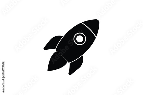 A black and white illustration of a simple rocket ship in flight silhouette