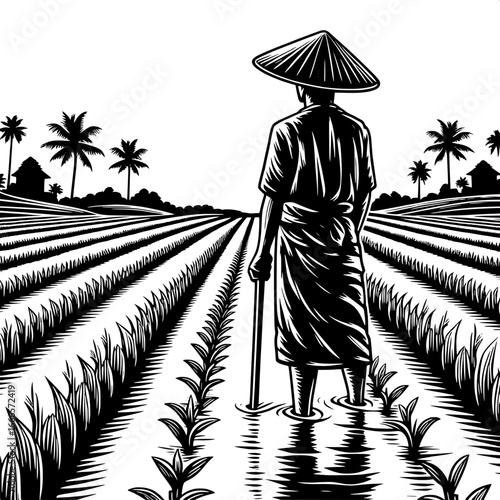Farmer with Planted Rice Field Scene
