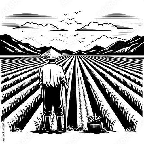 Farmer with Planted Rice Field Scene