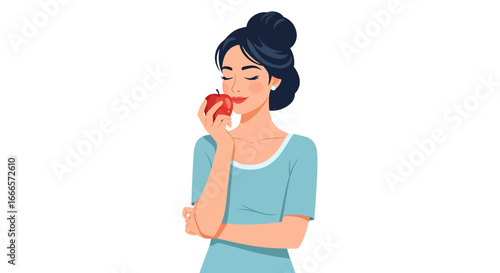 A beautiful young woman with dark hair enjoying the fresh scent of a crisp red apple, promoting healthy eating