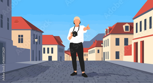 A traveler with a camera explores a charming European street, pointing to a landmark, ready to capture the perfect