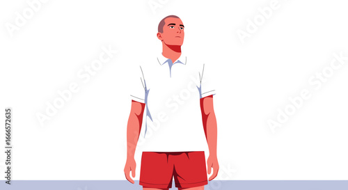 A young man with a buzz cut wearing a white polo shirt and red shorts, looking up with a thoughtful expression