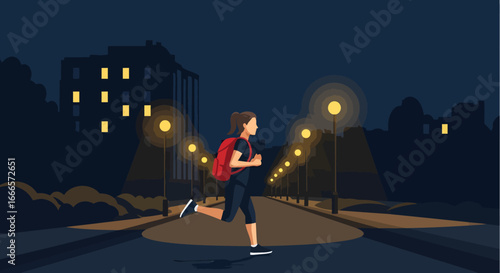 A young woman running alone on a city street at night, illuminated by glowing streetlights, showcasing urban fitness
