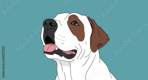 Charming Vector Illustration of a Happy Dog's Head with Brown Patches on a Teal Background, Expressing Joyful Canine