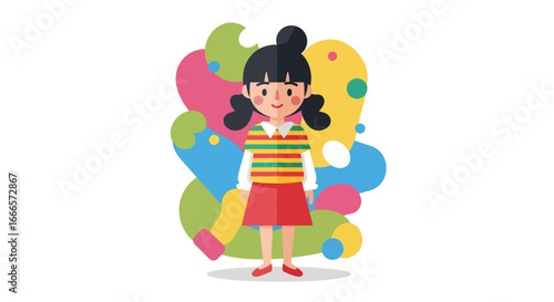 Cheerful flat design cartoon girl with pigtails, striped shirt, red skirt, vibrant abstract background.