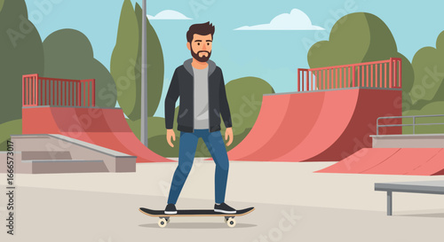 Cool Young Man with Beard Skateboarding at a Modern Urban Skatepark on a Sunny Day, Enjoying Outdoor Activity and Sport