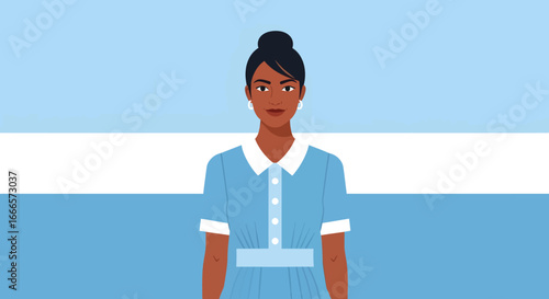 Confident young woman with dark skin and a neat bun hairstyle wearing a light blue dress, a modern flat vector