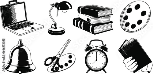 Halftone Stipple Education Icons – Retro Photocopy School Elements Vector Set