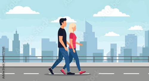 Couple Walking Together on City Street with Modern Urban Skyline Background Under a Clear Sky