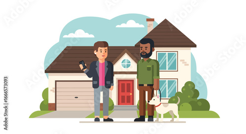 Couple with dog and smartphone in front of a house, depicting modern home life and digital connectivity.