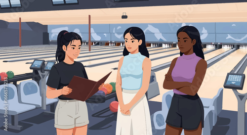 Diverse Group of Young Women Enjoying a Fun Social Outing at a Modern Bowling Alley, Discussing Scores and Game Strategy