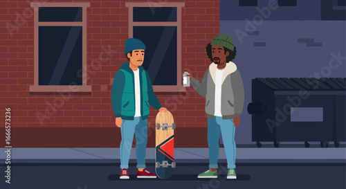 Diverse young men on an urban street, one with a skateboard and the other holding a spray can, depicting youth culture.