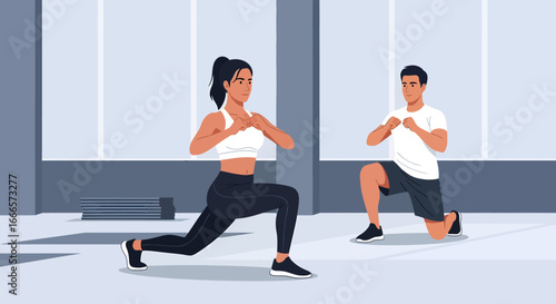 Dynamic Duo Performing Lunges in a Modern Gym Setting for Fitness and Healthy Lifestyle Illustration