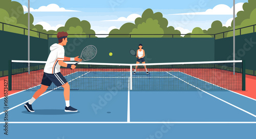 Dynamic Illustration of Two Enthusiastic Athletes Engaged in a Competitive Tennis Match on a Vibrant Outdoor Court