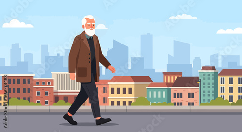 Elderly man with white beard walking on a city street. Flat vector illustration of an active senior in an urban setting.