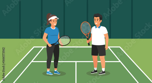 Happy Couple Enjoying a Game of Tennis on a Green Court, Ready for a Friendly Match or Practice Session