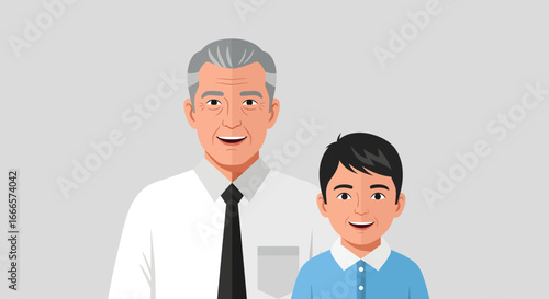 Happy Grandfather and Grandson Standing Together, Illustrating Family Bonds and Generational Connections