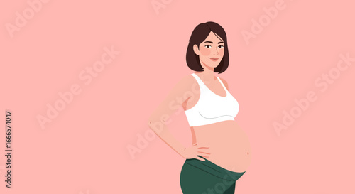 Happy pregnant woman smiling confidently, embracing her journey to motherhood with a healthy glow and positive