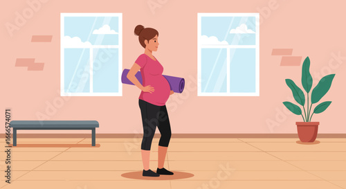 Happy Pregnant Woman Preparing for Yoga or Pilates Exercise in a Bright Studio Environment