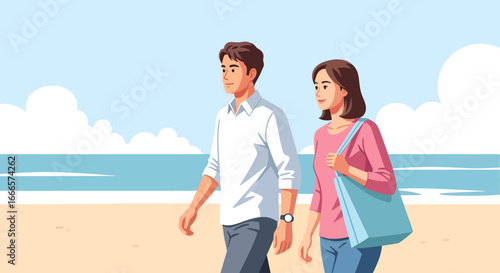 Happy young couple enjoying a leisurely walk along the sandy beach by the ocean under a clear blue sky during their