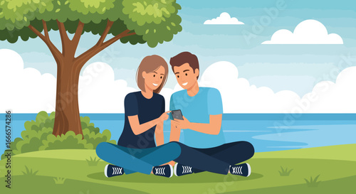 Happy Young Couple Enjoying Digital Content on Smartphone Outdoors in a Serene Park Setting