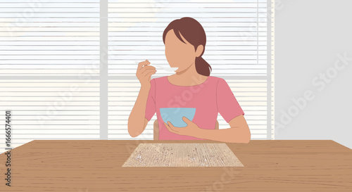 Illustration of a woman enjoying a healthy meal at a wooden table in her home, with natural light coming through