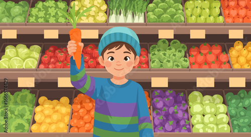 Joyful Cartoon Boy Holding a Fresh Carrot in a Vibrant Grocery Store Aisle Filled with Healthy and Colorful Vegetables