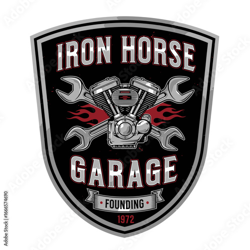 Motorcycle Engine Logo Design Vector Illustration with Wrench and Fire Emblem for Garage Workshop