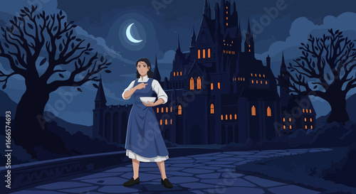 Mysterious night scene with a young woman in an apron holding a bowl, pointing towards a grand, dark castle under