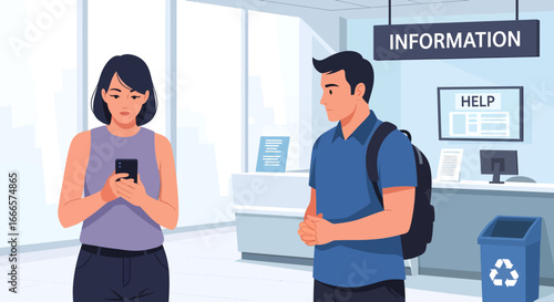 People standing in a modern information center, seeking assistance or using mobile devices in a public service area.