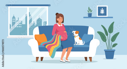 Pregnant Woman Relaxing on Sofa with Adorable Pet Dog in Cozy Home Environment, Expecting Motherhood Journey
