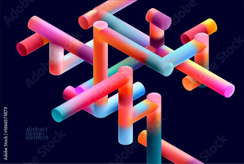 Multicolored 3D cube of iridescent cylinders. Glass colorful geometric shape.