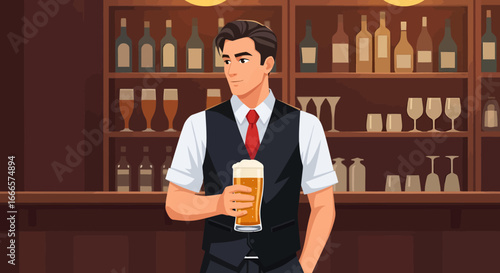 Professional Bartender Holding a Freshly Poured Glass of Golden Beer with Foam in a Classic Bar Setting