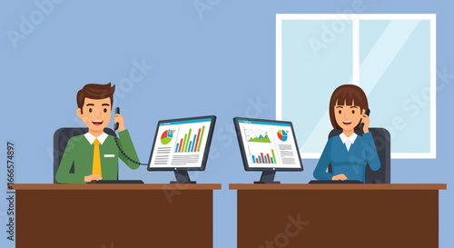 Professional Business Colleagues Engaged in Phone Conversations While Analyzing Data on Computer Screens in a Modern