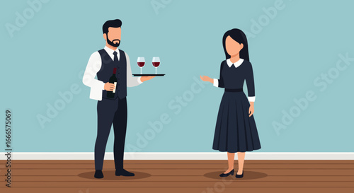 Professional Waiter Serving Red Wine to a Female Customer in a Restaurant or Bar Setting, Illustrating Excellent