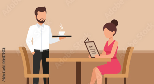 Professional Waiter Serving Hot Coffee to a Female Customer Reviewing the Menu in a Modern Restaurant or Cafe Setting