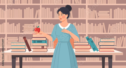 Professional Woman in a Library with an Apple and Books, Illustrating Concepts of Study and Intellect