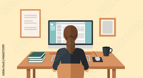 Rear View of a Woman Working on a Desktop Computer at a Home Office Desk, Focused on Online Tasks and Digital Content