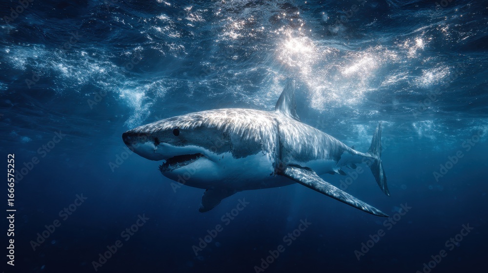Naklejka premium Oceanic Predator: A captivating image unveils a majestic great white shark gracefully navigating the depths of the ocean. The sunlight filters from above, illuminating the shark's formidable form.