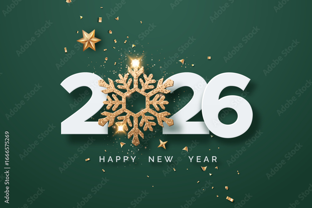 Fototapeta premium 2026 Happy New Year text with golden snowflake on green background