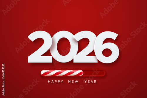 2026 Happy New Year text with candy cane loading bar on red background