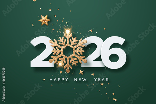 2026 Happy New Year text with golden snowflake on green background