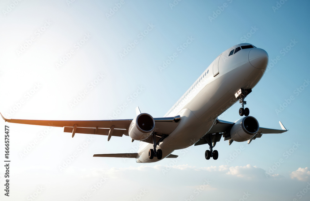 Obraz premium A commercial airplane flying through the sky with a clear background and no transparency